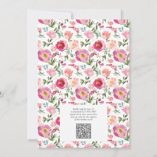Baby in Bloom QR Code Wasserfarbendusche Einladung (Rückseite)