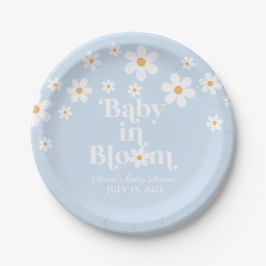 Baby in Bloom! Retro Daisy Blue Boho Baby Dusche Pappteller (Vorderseite)