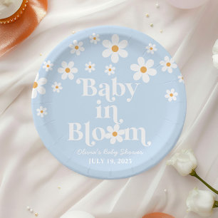 Baby in Bloom! Retro Daisy Blue Boho Baby Dusche Pappteller