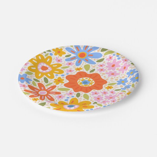 Baby in Bloom Retro Groovy Wildblumen Kinderdusche Pappteller (Schrägansicht)