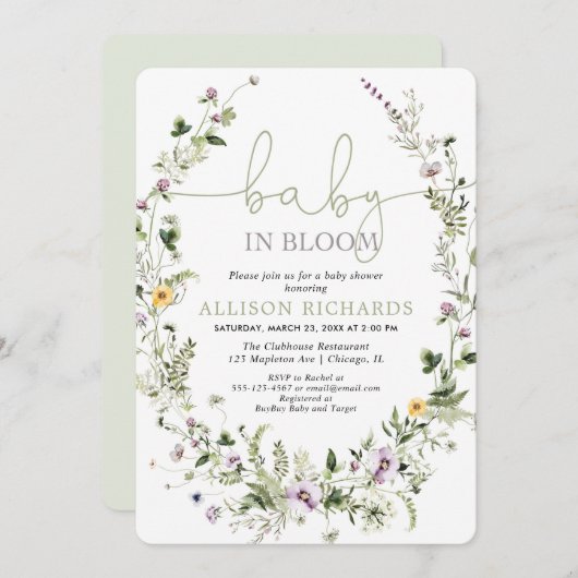 Baby in Bloom romantische Wildblumen Babydusche Einladung (Vorne/Hinten)