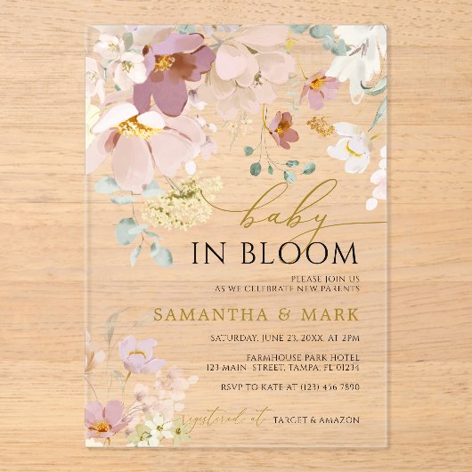 Baby in Bloom Rosa & Rote Wildblumen Dusche Acryleinladungen (Vorderseite)