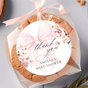Baby In Bloom Rosa Schleifen-Baby-Party-Aufkleber Runder Aufkleber