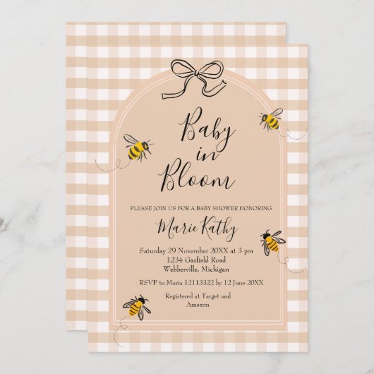 Baby in Bloom Rustic Bee Daisy Einladung (Vorne/Hinten)