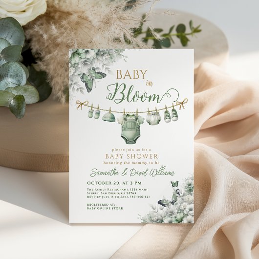 Baby in Bloom Sage Green Floral Baby Shower Einladung