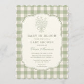Baby in Bloom Sage Green Gingham Baby Shower Einladung (Vorderseite)