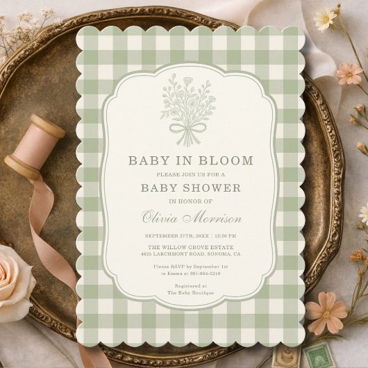 Baby in Bloom Sage Green Gingham Baby Shower Einladung