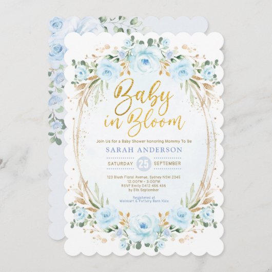 Baby in Bloom Soft Blue Gold Floral Boy Dusche Einladung (Vorne/Hinten)