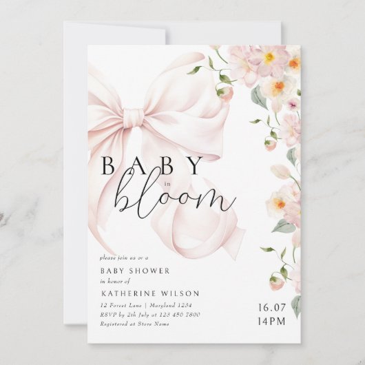 Baby in Bloom Soft Pink Bow Kinderdusche Einladung (Vorderseite)