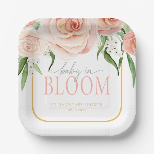 Baby In Bloom Soft Pink Rose Garden Baby Shower Pappteller (Vorderseite)