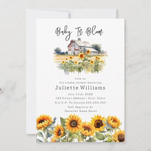 Baby in Bloom Sonnenblume Stall Rustic Baby Dusche Einladung (Vorderseite)