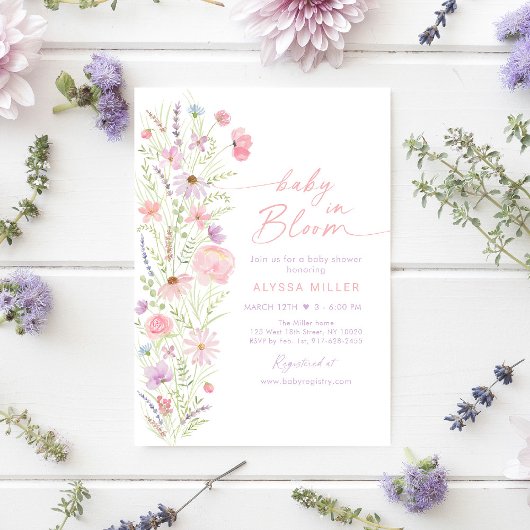 Baby in Bloom Spring Pink Wildblume Babydusche Einladung
