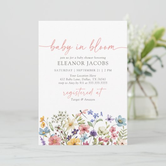 Baby in Bloom Spring Wildblume Babydusche Einladung (Stehend Vorderseite)