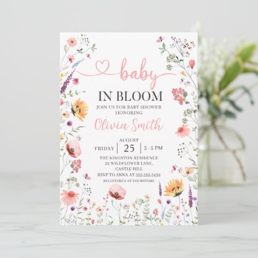 Baby in Bloom Spring Wildblume Bloral Baby Dusche Einladung (Stehend Vorderseite)