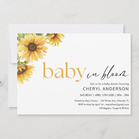 Baby in Bloom Sunflower Baby Dusche Party Einladung (Vorderseite)