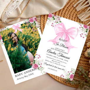 Baby in Bloom süße Aquarell-Rosa-Schleife Florales Einladung