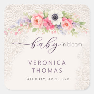 Baby in Bloom Süße Florale Babyparty Quadratischer Aufkleber
