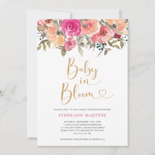 Baby in Bloom Wasserfarbe Fall Bloral Baby Dusche Einladung (Vorderseite)