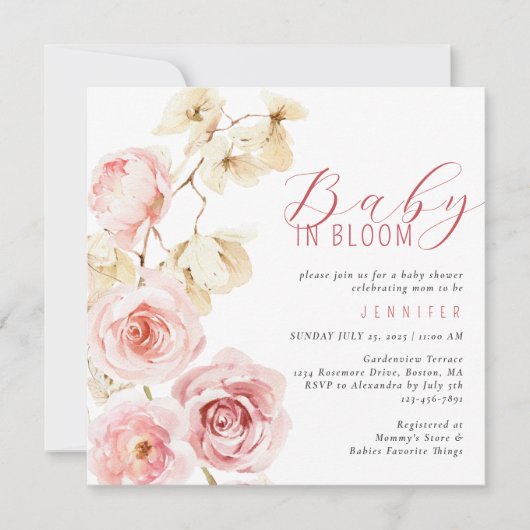 Baby in Bloom Wasserfarbe Rosa Bläserbaby Dusche Einladung (Vorderseite)