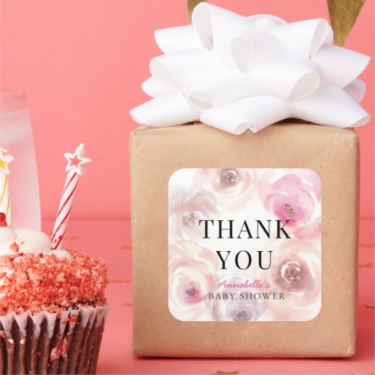 Baby in Bloom Wasserfarbe Rose Kinderdusche Quadratischer Aufkleber (Party)