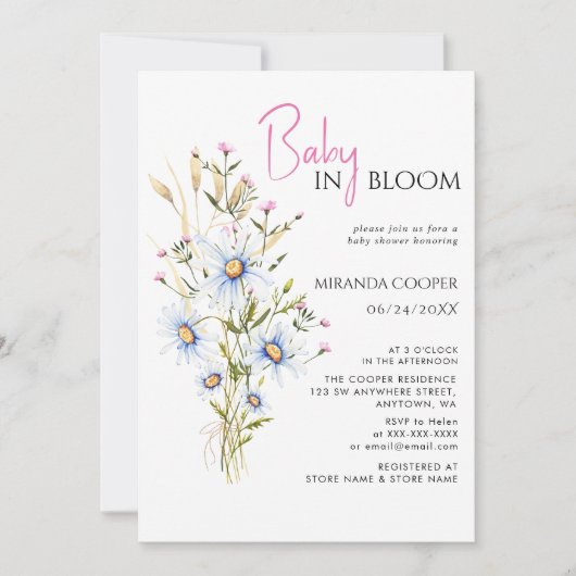 Baby in Bloom Wasserfarbe Wildblume Kinderdusche Einladung (Vorderseite)