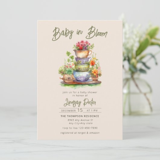 Baby in Bloom | Watercolor Baby Shower Einladung (Stehend Vorderseite)