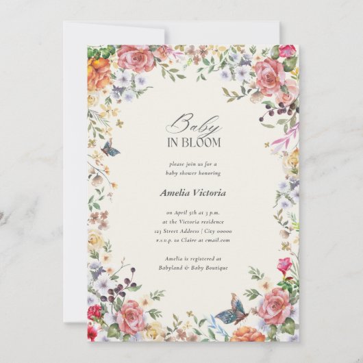 Baby in Bloom Watercolor Babydusche Einladung (Vorderseite)