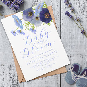 Baby In Bloom Watercolor Blaue Florale Einladung