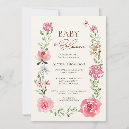 Baby in Bloom Watercolor Blume Kinderdusche Einladung (Vorderseite)