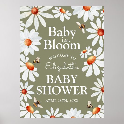Baby in Bloom Watercolor Daisies & Bumblebee Poster (Vorne)