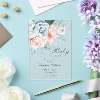 Baby in Bloom Watercolor Dusty Blue Baby Dusche Acryleinladungen