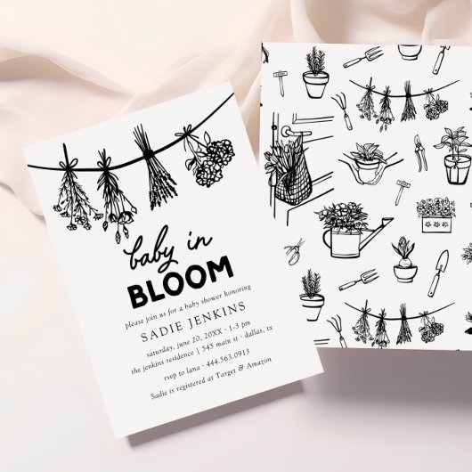 Baby in Bloom Whimsical Black & White Baby Dusche Einladung