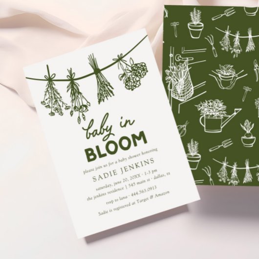 Baby in Bloom Whimsical Green Baby Dusche Einladung