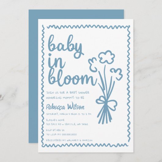Baby in Bloom Whimsical Hand Drawn Boy Baby Dusche Einladung (Vorne/Hinten)