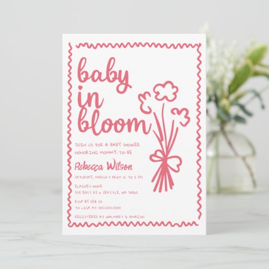 Baby in Bloom Whimsical HandDrawn Girl Baby Shower Einladung (Stehend Vorderseite)
