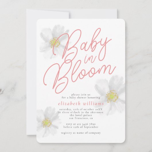 Baby in Bloom White Daisy Thema Kinderdusche Einladung (Vorderseite)