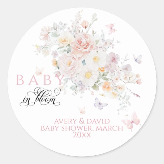 Baby in Bloom Wild Blume Butterfly Babydusche Runder Aufkleber (Vorderseite)