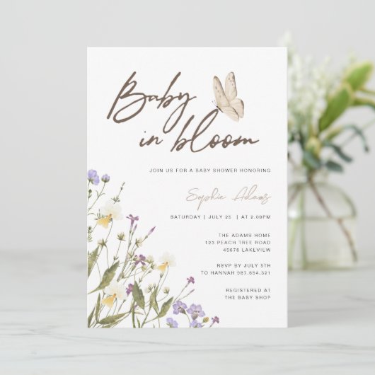 Baby in Bloom Wildblume Babydusche Einladung (Stehend Vorderseite)