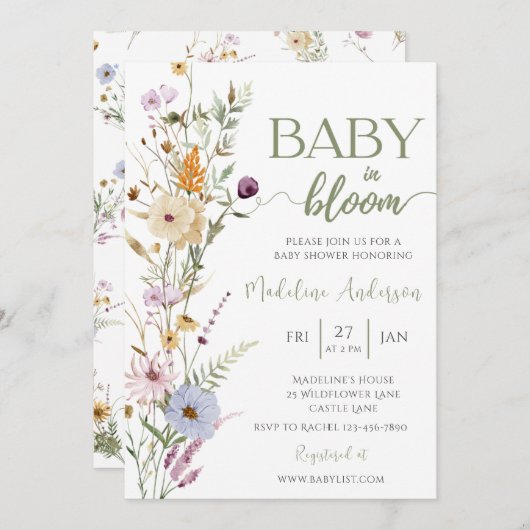 Baby in Bloom Wildblume Babydusche Einladung (Vorne/Hinten)