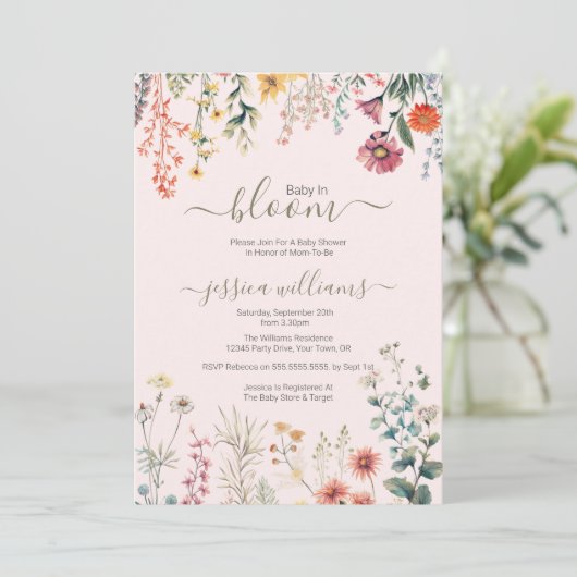 Baby in Bloom Wildblume Babydusche Einladung (Stehend Vorderseite)