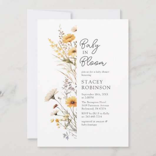 Baby in Bloom Wildblume Babydusche Einladung (Vorderseite)