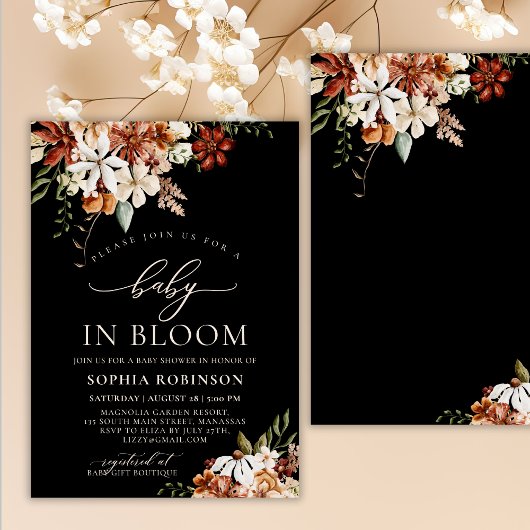 Baby in Bloom Wildblume Black Baby Dusche Einladung