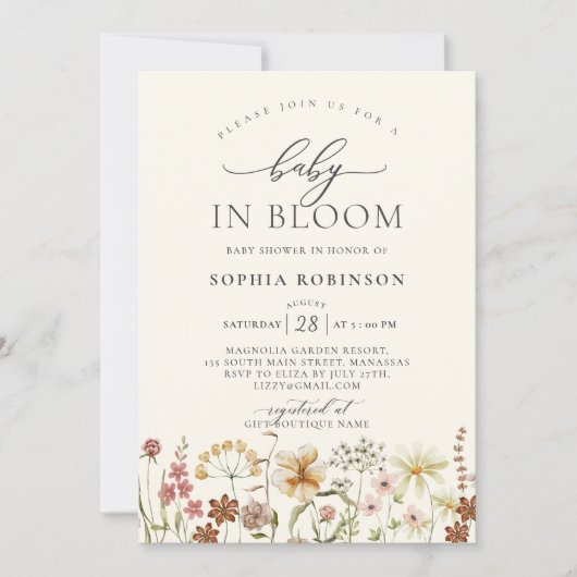 Baby in Bloom Wildblume Boho Beige Babydusche Einladung (Vorderseite)