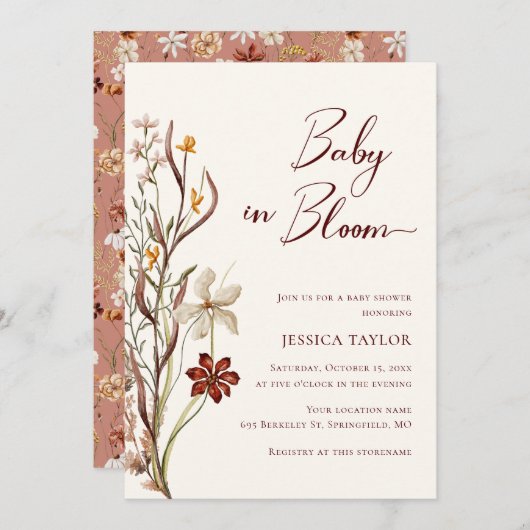 Baby in Bloom Wildblume Boho Kinderdusche Einladung (Vorne/Hinten)