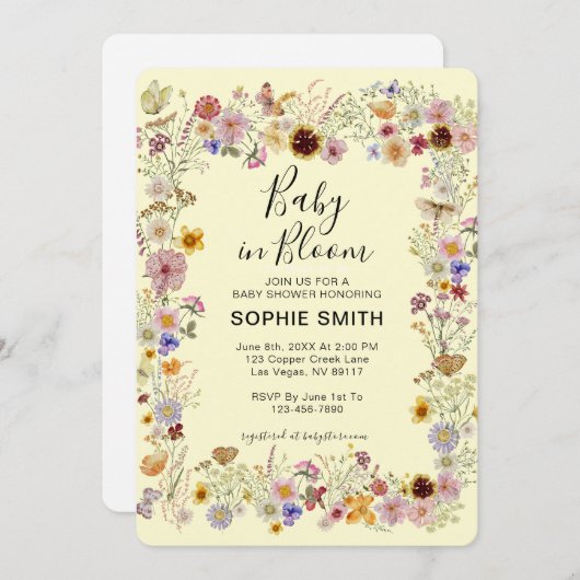 Baby in Bloom Wildblume Dusty Rose Kinderdusche Einladung (Vorne/Hinten)