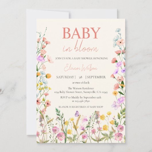Baby in Bloom Wildblume Floral Girl Babydusche Einladung (Vorderseite)