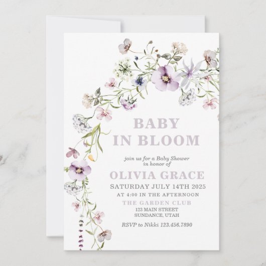 Baby in Bloom Wildblume Gartendusche Einladung (Vorderseite)