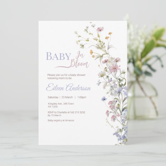 Baby in Bloom Wildblume Kinderdusche Einladung (Stehend Vorderseite)