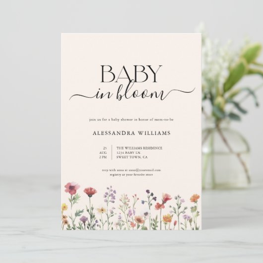Baby in Bloom Wildblume Kinderdusche Einladung (Stehend Vorderseite)