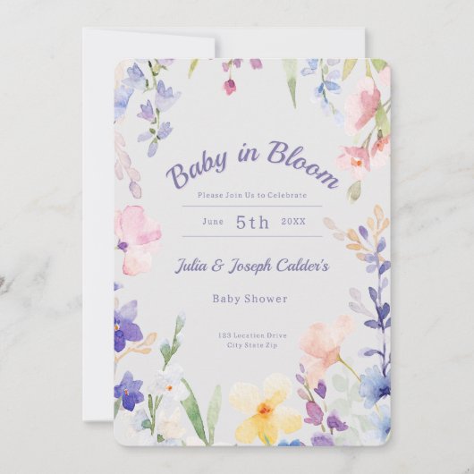 Baby in Bloom Wildblume Kinderdusche Einladung (Vorderseite)